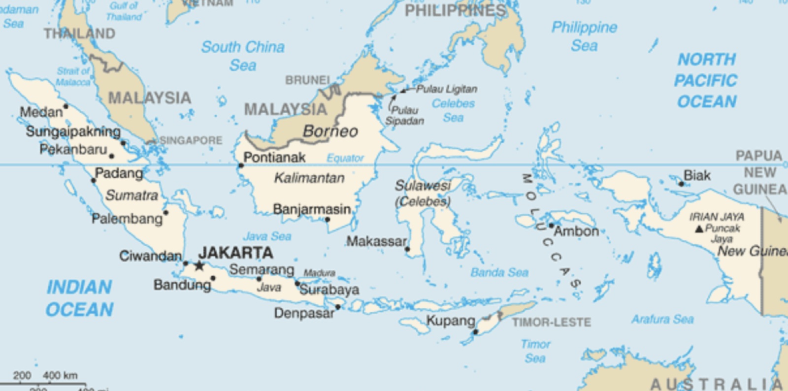 Map of Indonesia showing Sumatra, Java, Kalimantan, Sulawesi, Papua and main cities